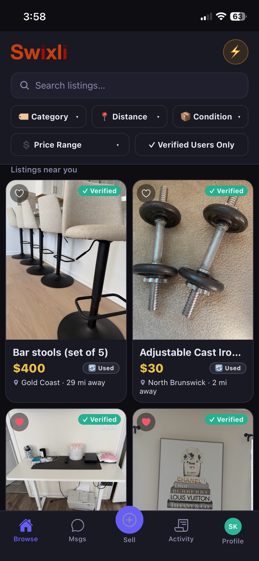 Swixli Browse screen showing local listings near you