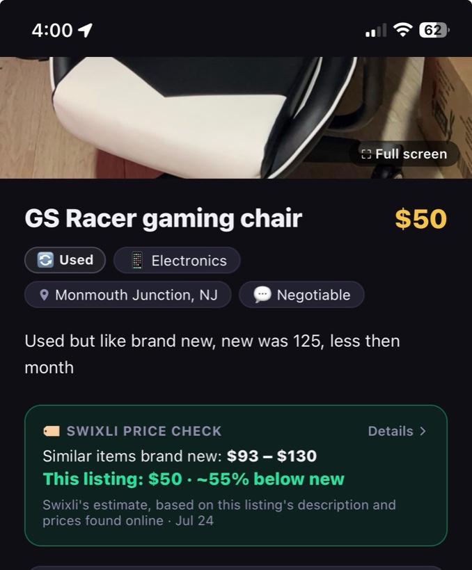 Swixli Price Check on a real listing, comparing the seller's price against brand-new retail
